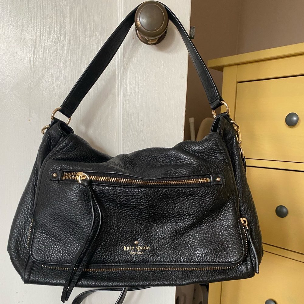 Large Kate Spade, genuine black leather cross body shoulder bag.